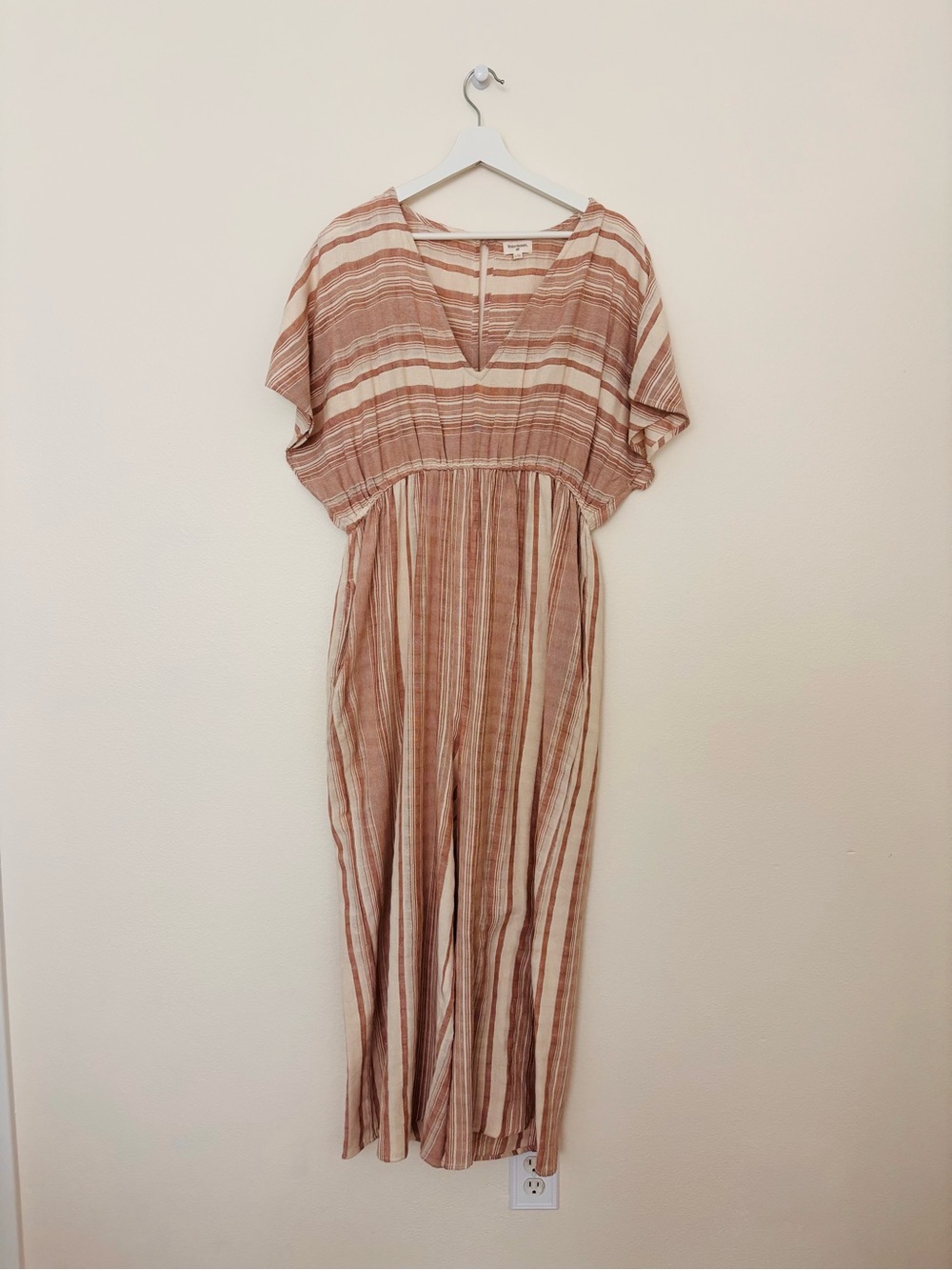 World Market Tan & Cream Striped V-Neck Wide-Leg Jumpsuit